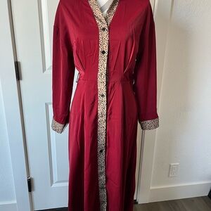 Chic Red Button-Up Dress with Leopard Trim